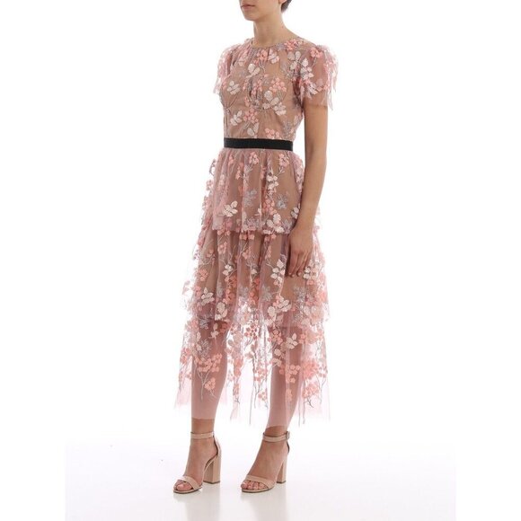 Self-Portrait Lace And Sequin Floral Midi Dress Size US 4 Pink $550 - Picture 1 of 16